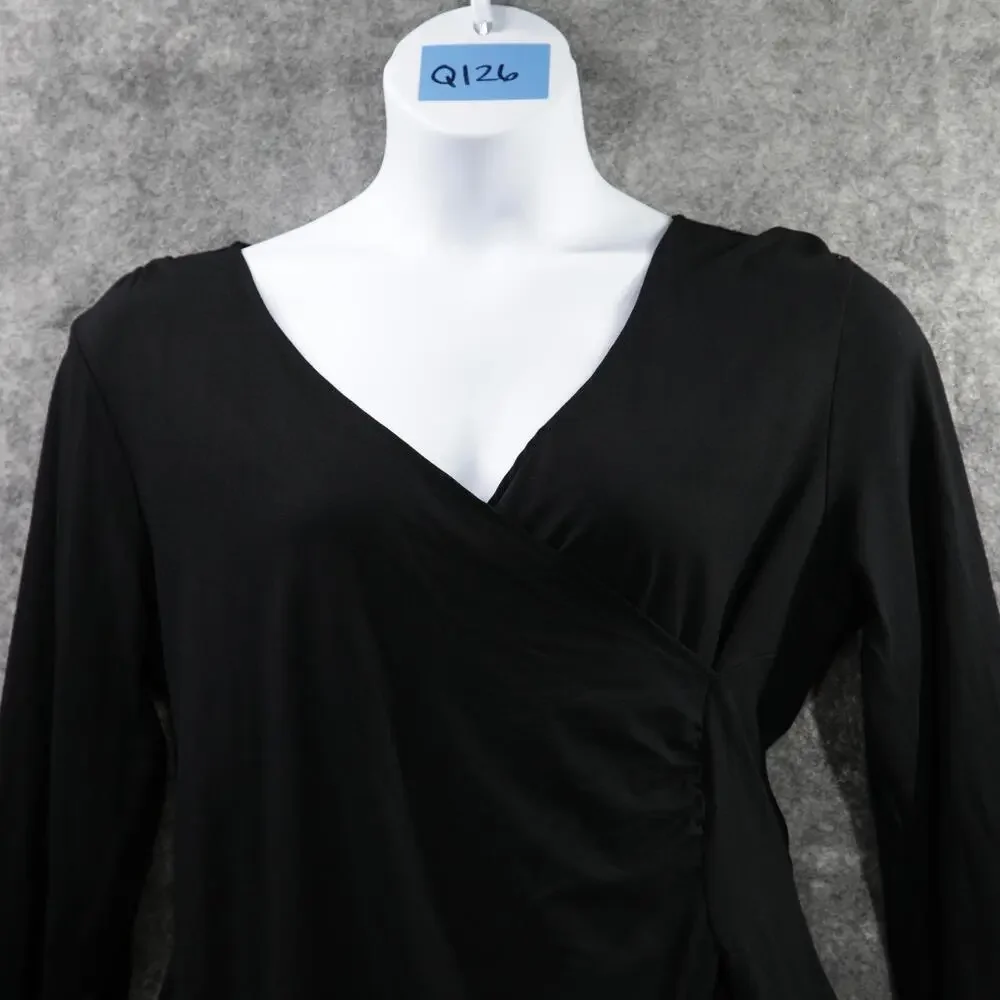 Habitat Shirt Womens Large Black Lux Faux Wrap V Neck 3/4 Sleeve Stretch Top